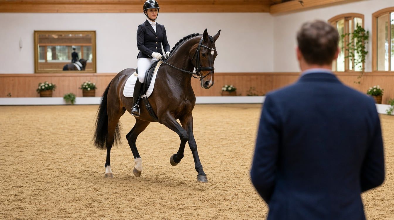 Dressage rider testing an elegant sport horse in a bright international test ride setting