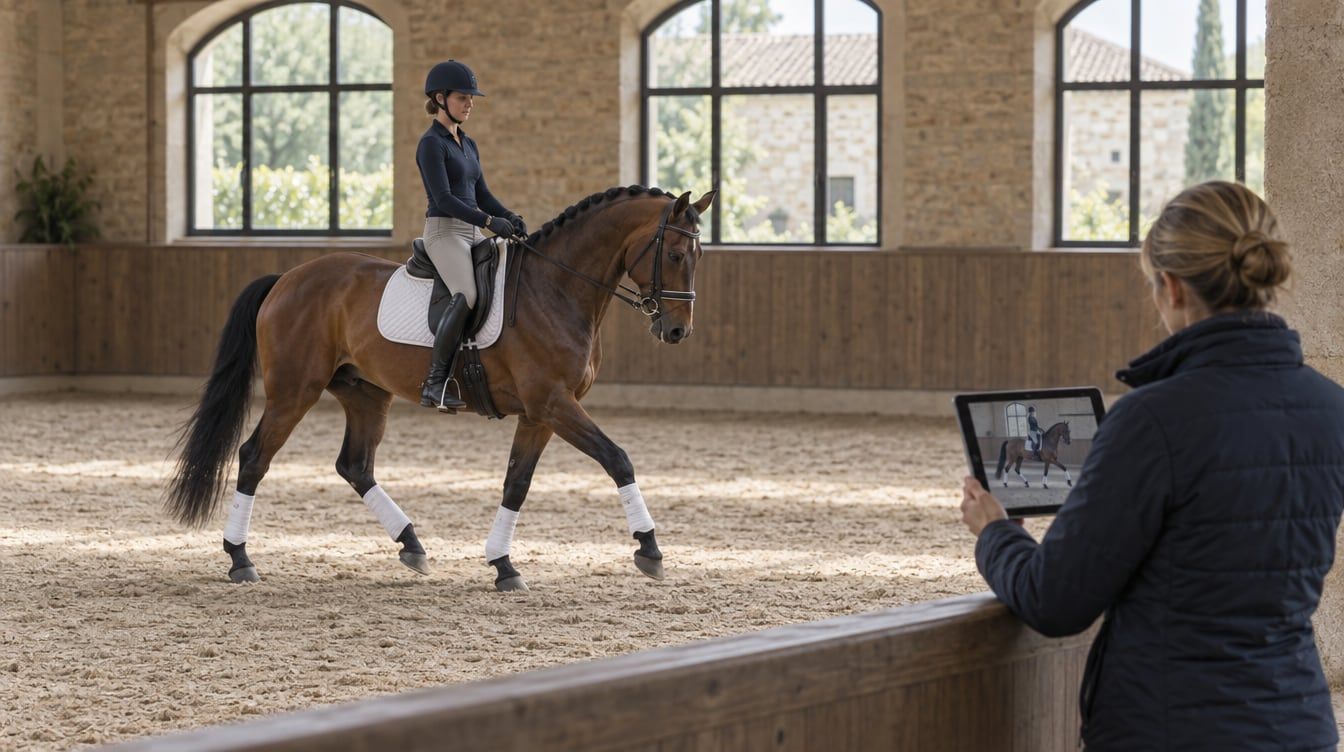 Rider showing a dressage horse in collected trot during a video evaluation inside an indoor arena