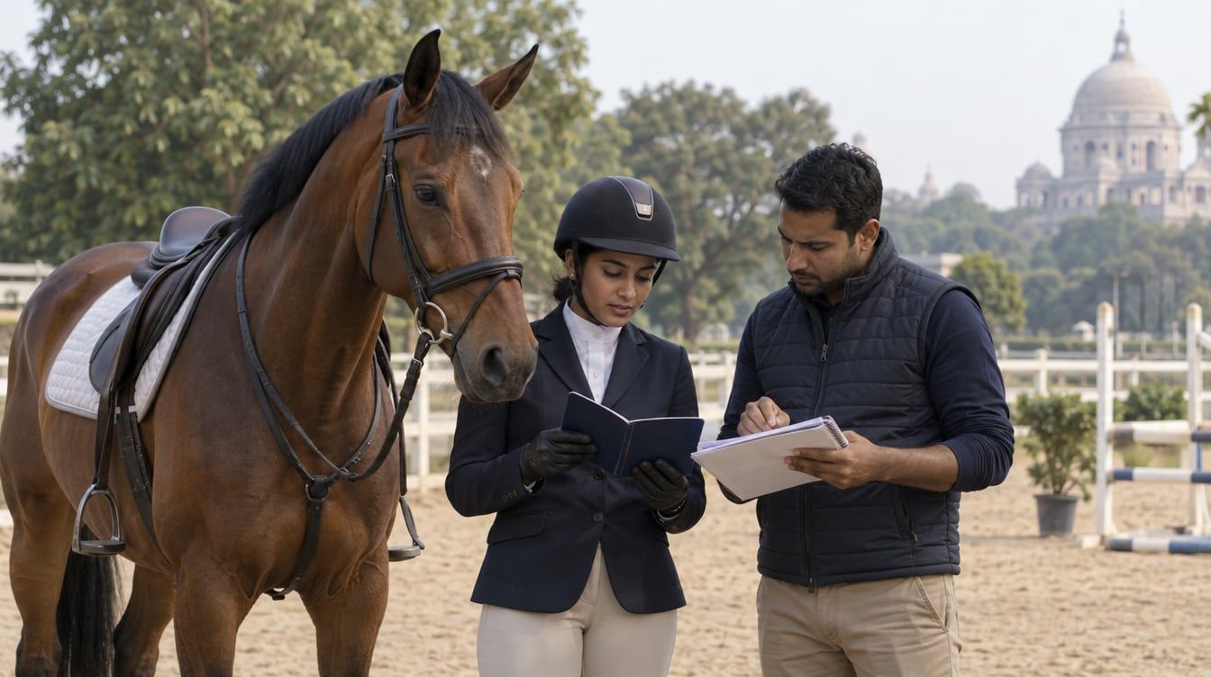 Buyer comparing a horse’s documents beside a competition horse at an Indian riding arena