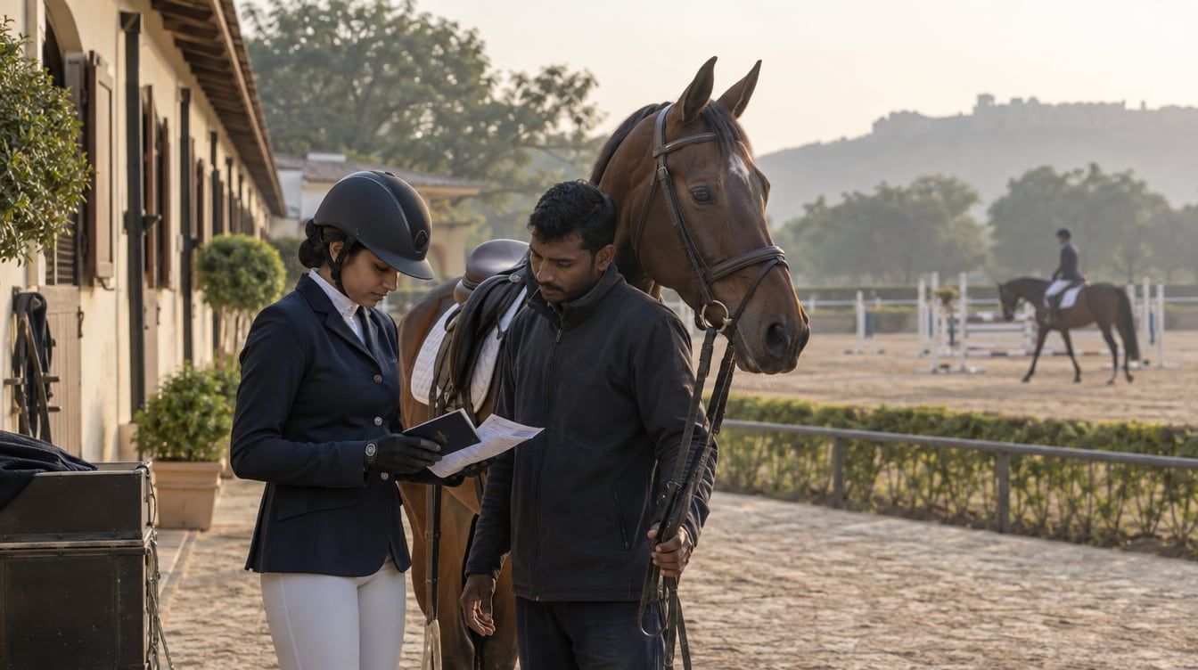 Rider checking a horse passport beside a competition horse at an Indian riding arena