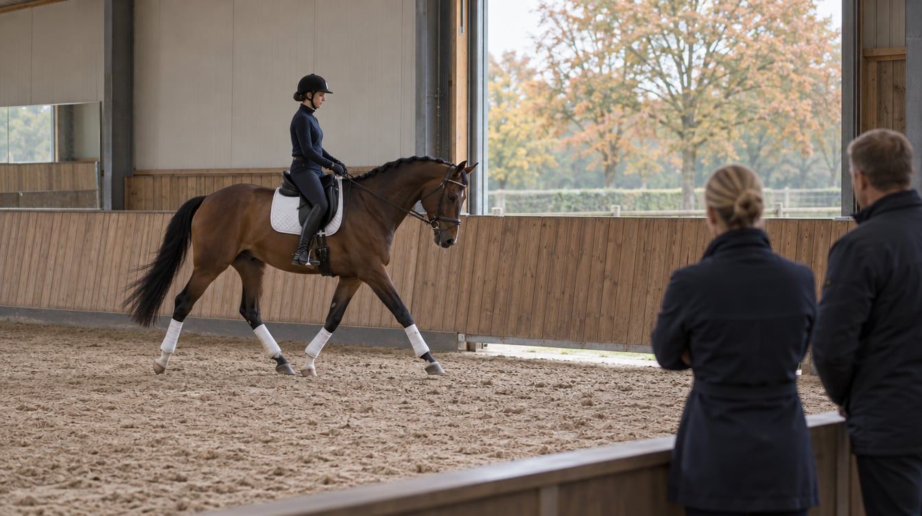 Rytter på en ung brun dressurhest i en ridehal, mens to personer ser til ved barrieren