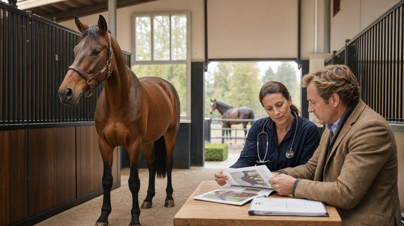 Breeder reviewing an embryo transfer dossier next to a recipient mare in a bright stable