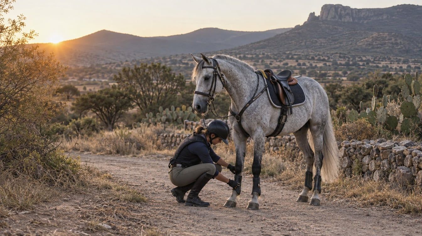 Jinete revisando a su caballo de endurance en un sendero rural de México