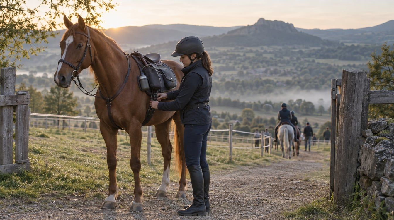 Cavalière et cheval au pas sur un chemin balisé avant une endurance en France