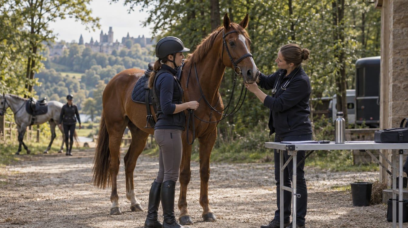 Cavalière et jument à un point de contrôle après une sortie d’endurance