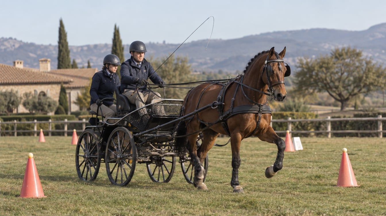 Caballo castaño enganchado a un carruaje entre conos sobre césped