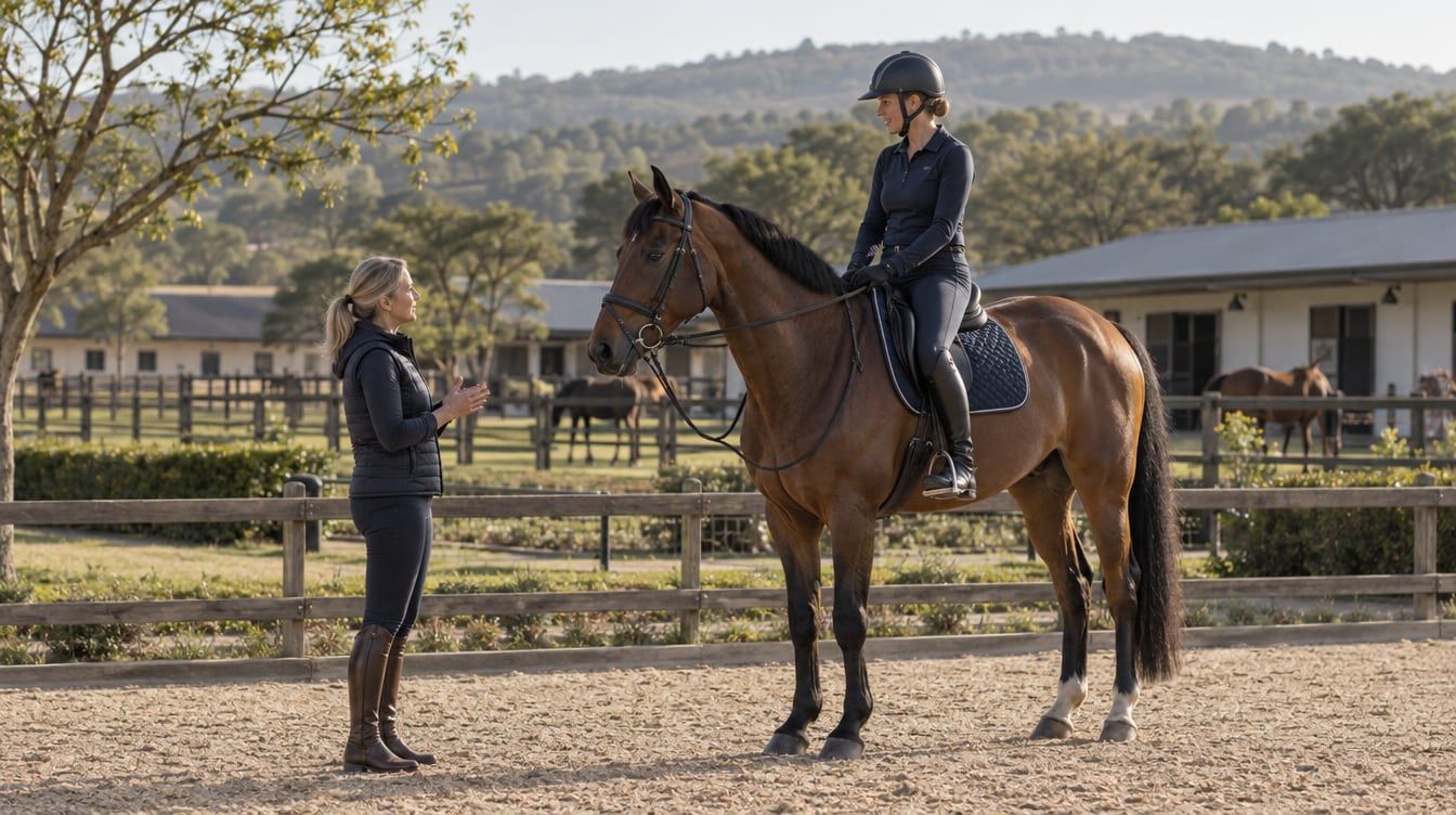 A riding instructor speaking with an adult rider on a bay horse beside an arena