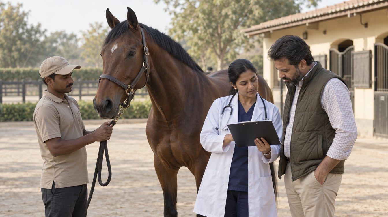 An equine vet and horse owner reviewing a laboratory report beside a bay horse at a yard in Haryana