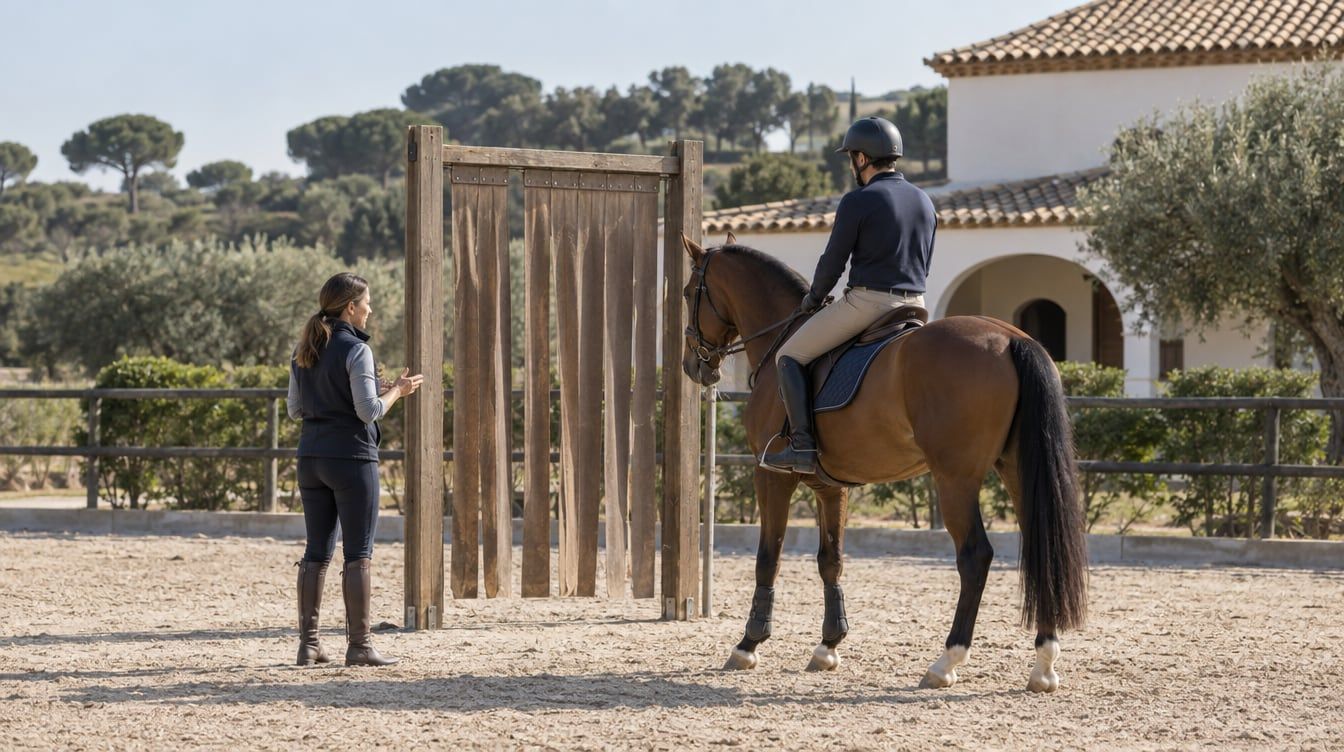 Jinete sobre un caballo castaño ante una puerta, con una mujer a pie junto a la pista