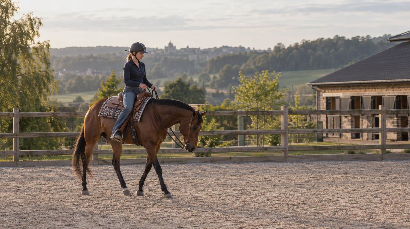 Cavalière travaillant un cheval bai en équitation western dans une carrière luxembourgeoise