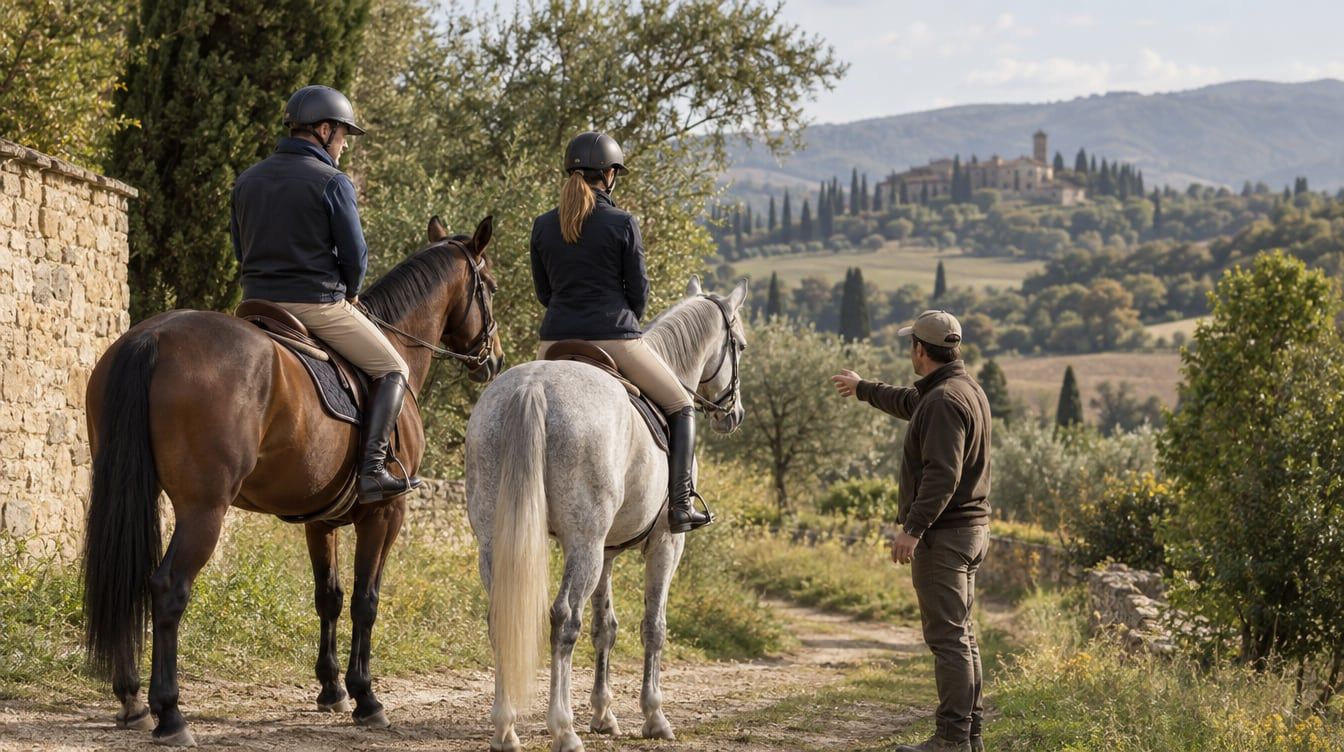 Due cavalieri con i loro cavalli all'inizio di un sentiero tra boschi e campi