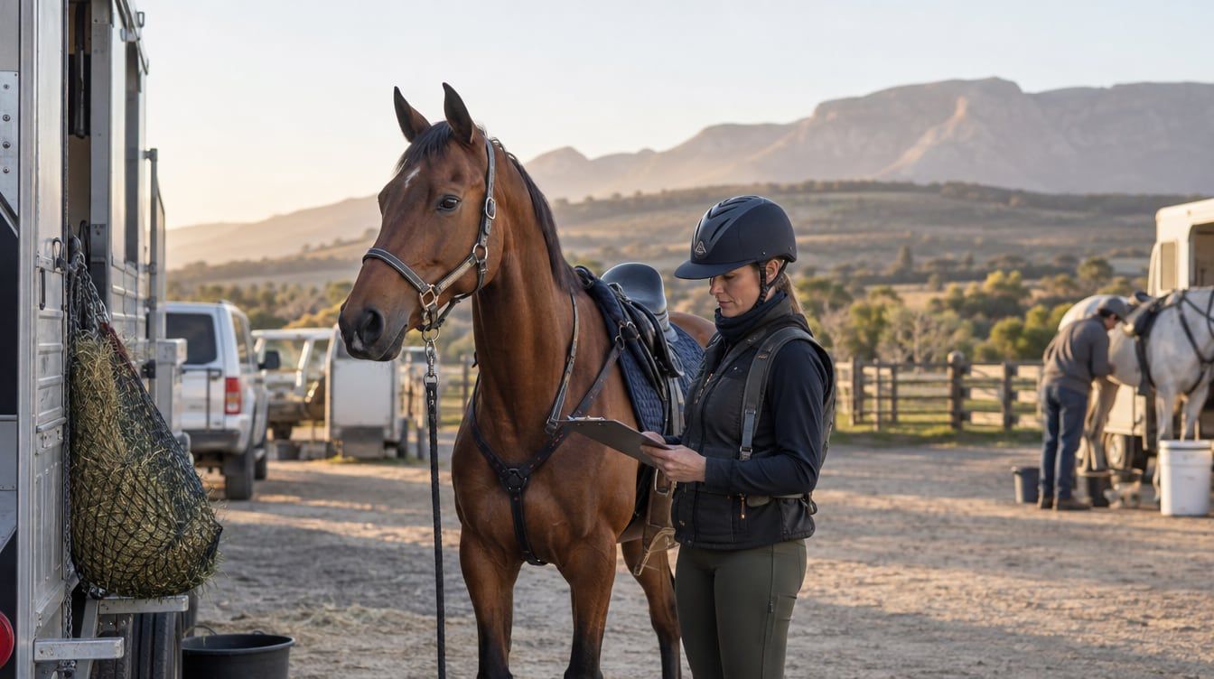 Endurance rider checking a horse beside a trailer at a South African ride venue