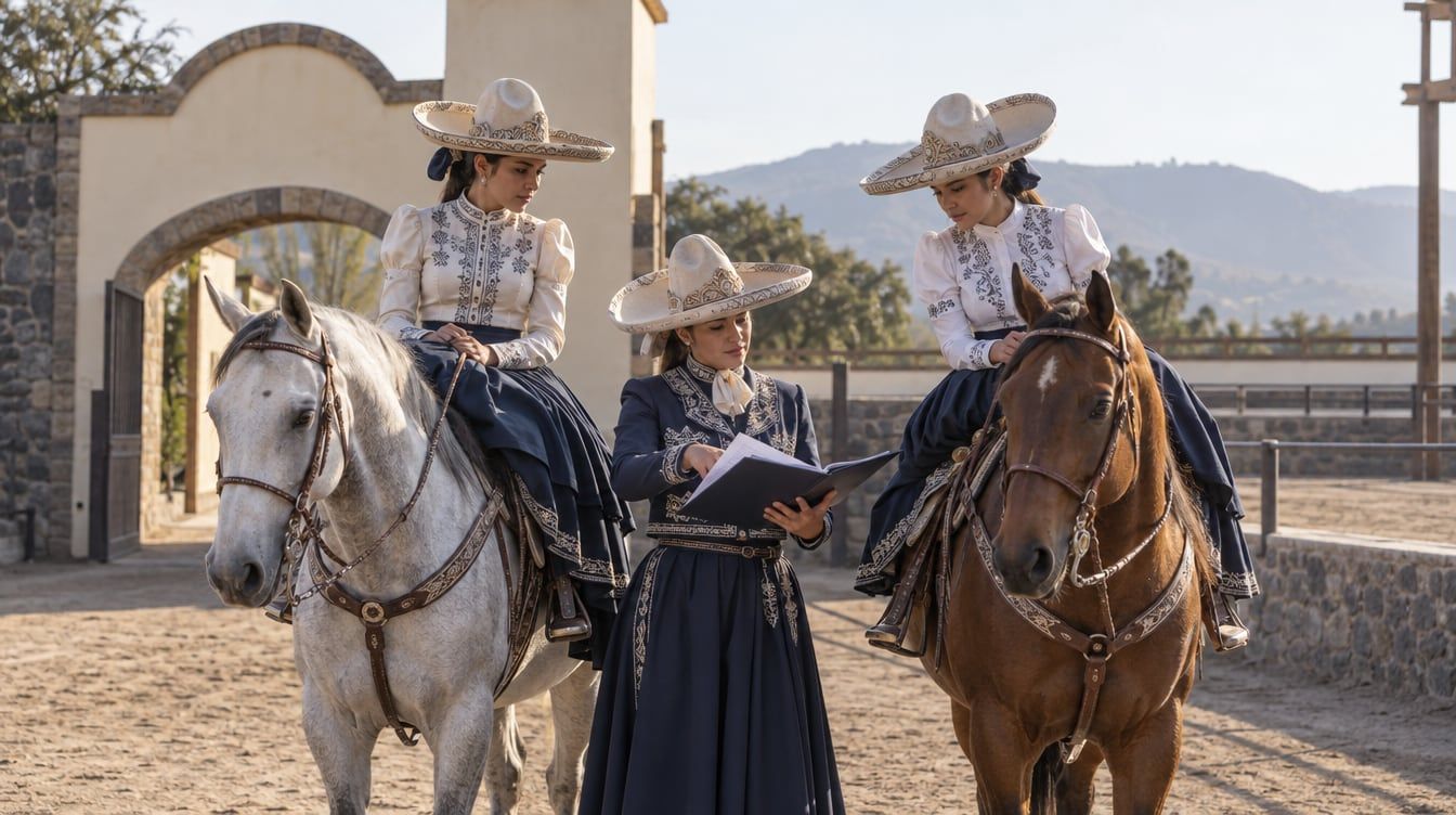 Escaramuza a caballo revisando documentos antes de una práctica en un lienzo charro mexicano