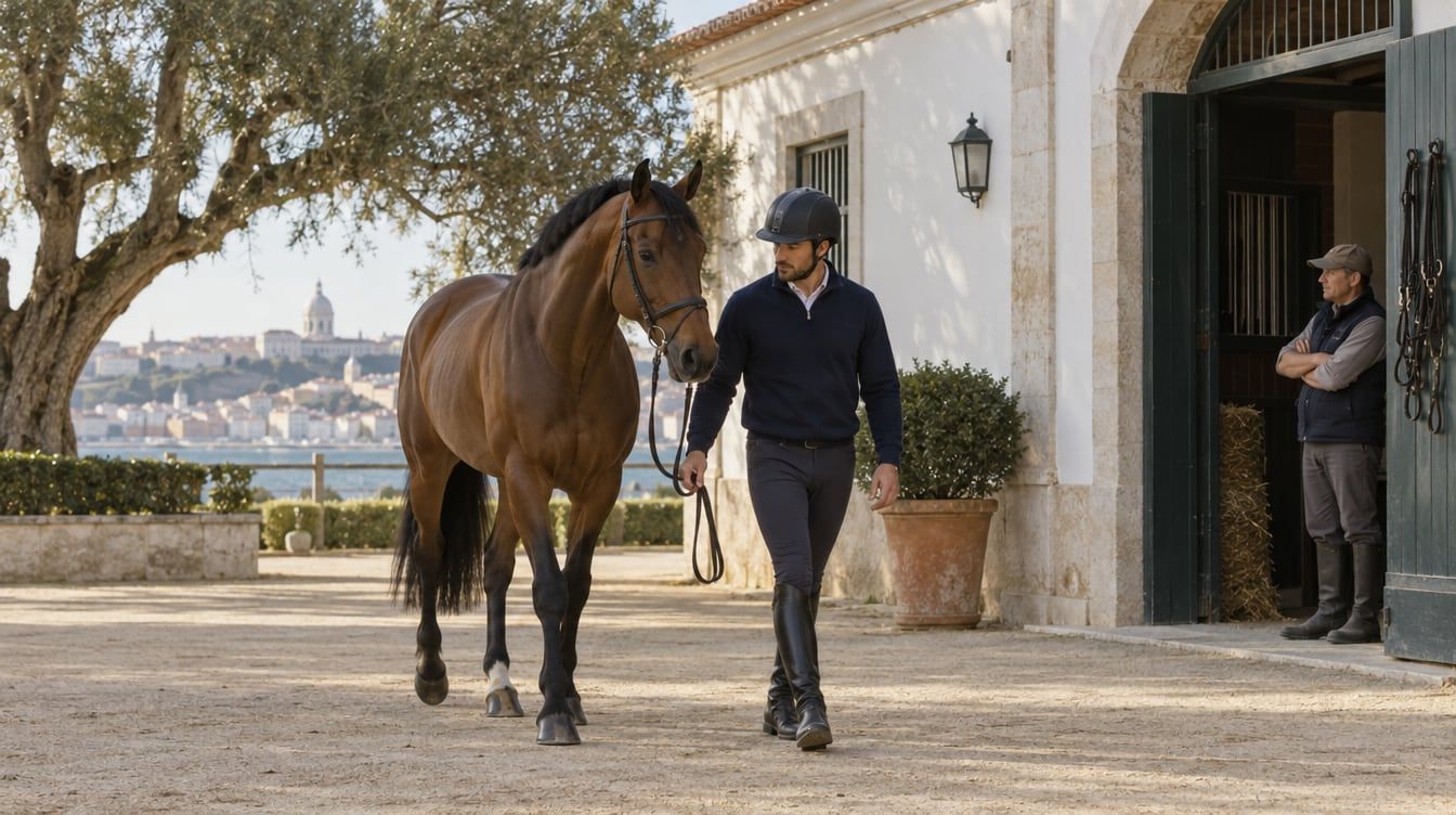 Cavaleiro a conduzir um Lusitano castanho à mão num pátio equestre em Belém, Lisboa, antes do treino