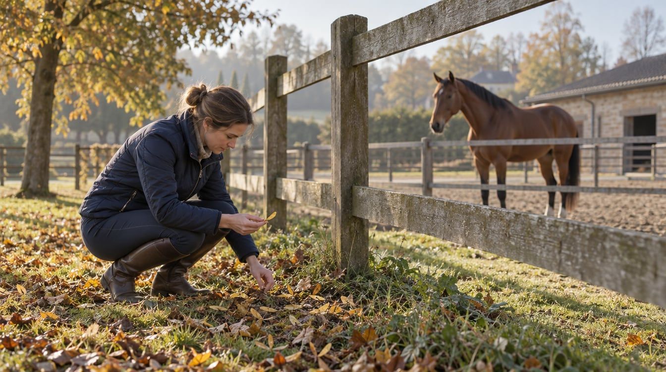 Een paardenhouder controleert zaden langs een omheinde paardenweide, met een paard achter de afrastering.