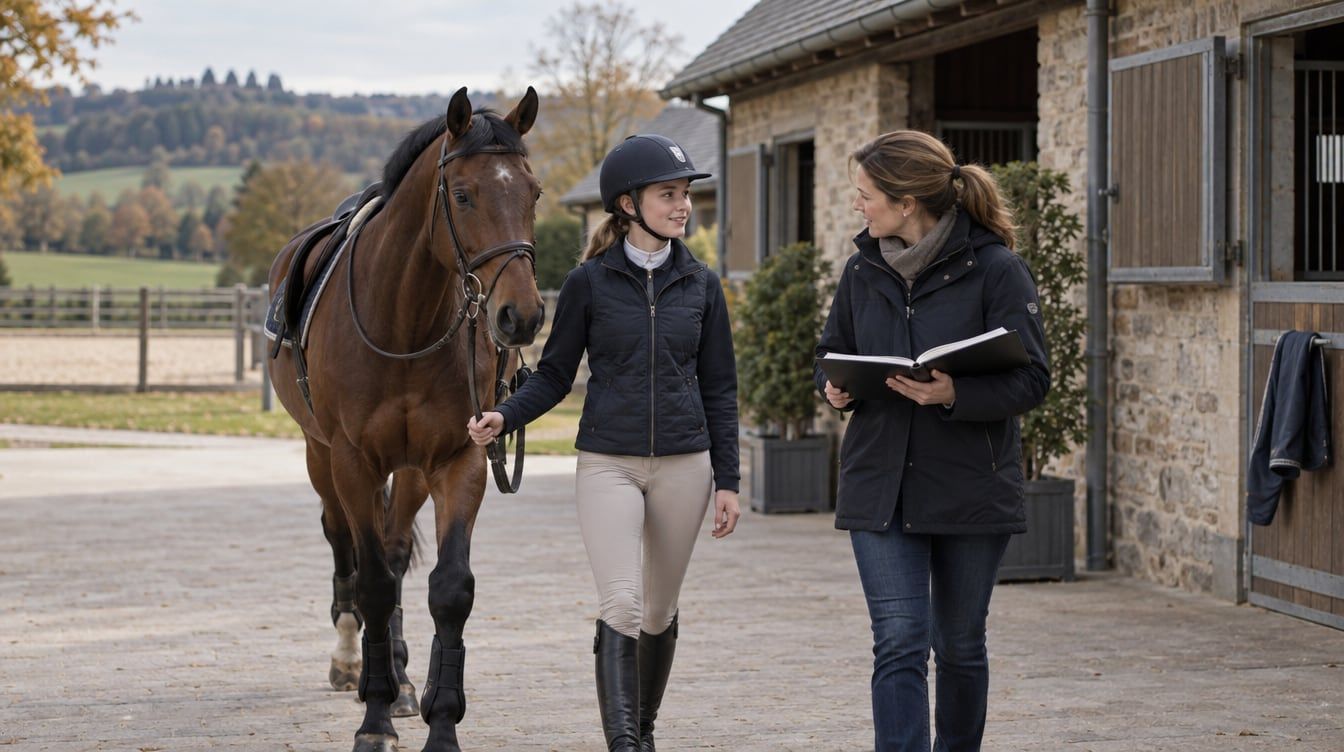 Une jeune cavalière, un parent et un cheval bai à la sortie d’une écurie au Luxembourg