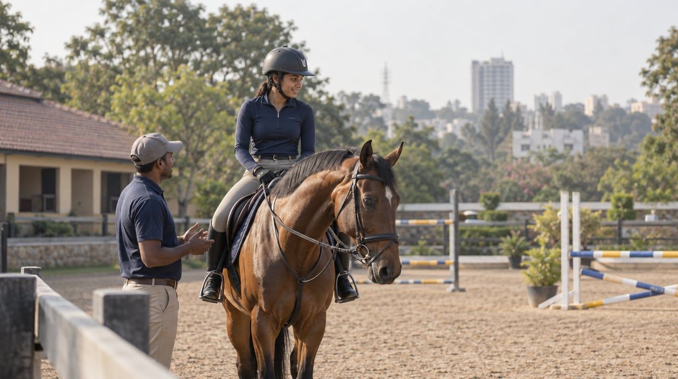 A rider on a bay horse talks with a coach beside an arena with practice fences