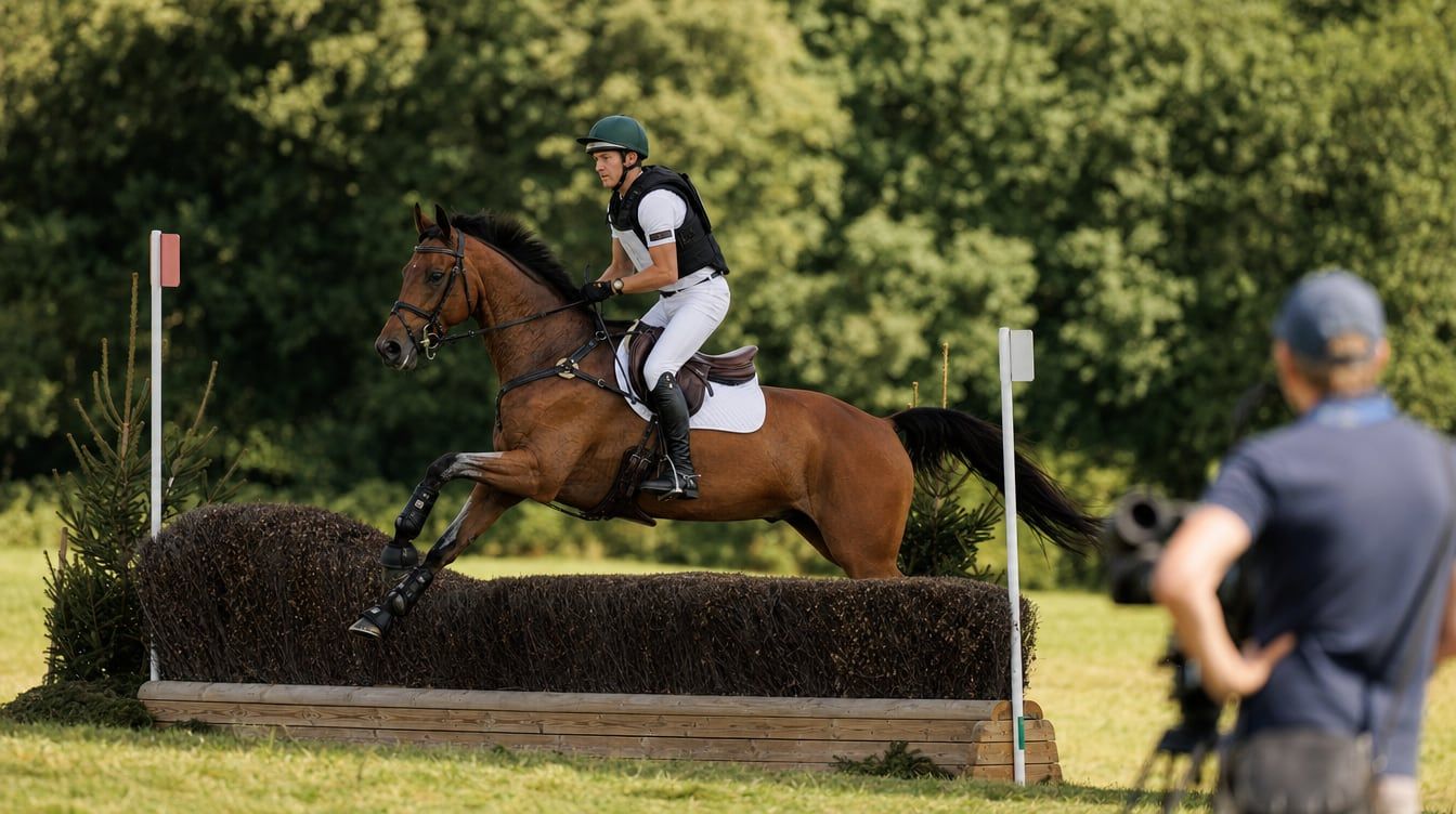 Event horse and rider gallop through a cross-country course, filmed for an international sales portfolio