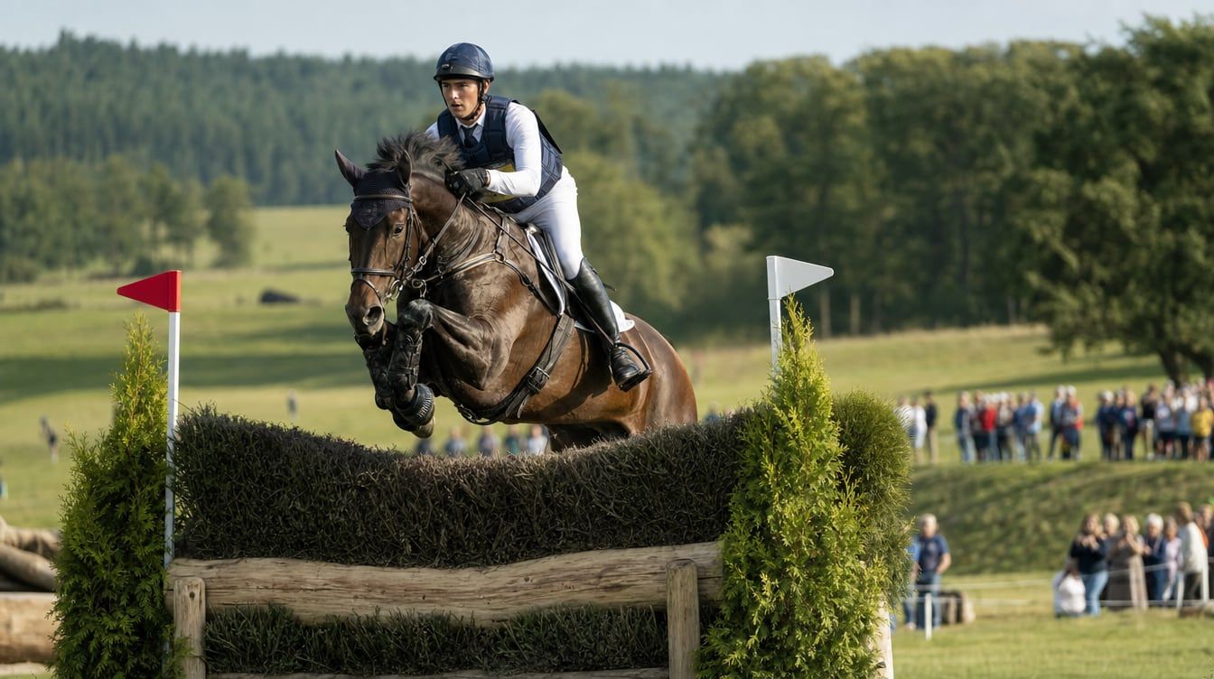 Event rider and dark bay horse in a controlled canter over a cross-country fence