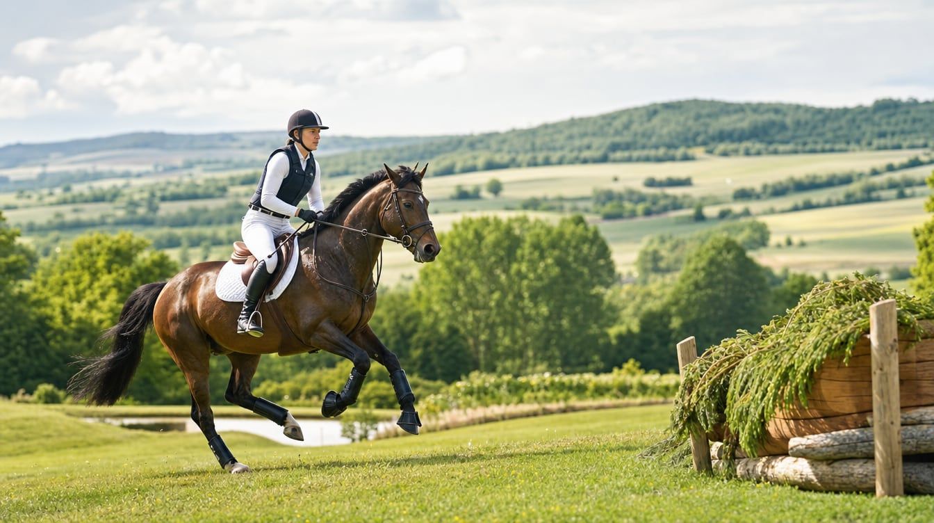 Eventing horse and rider galloping in a controlled manner towards a natural cross-country obstacle