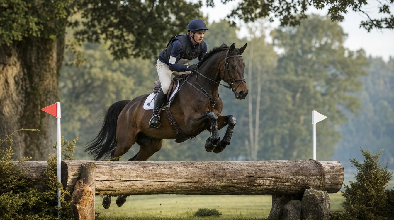 Event rider tackling a solid cross-country fence on a dark bay eventing horse