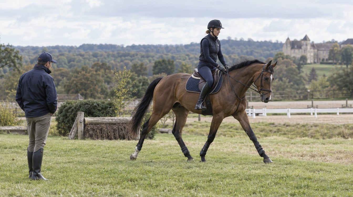 Rider assessing a young eventing horse galloping on a grass track during a viewing.