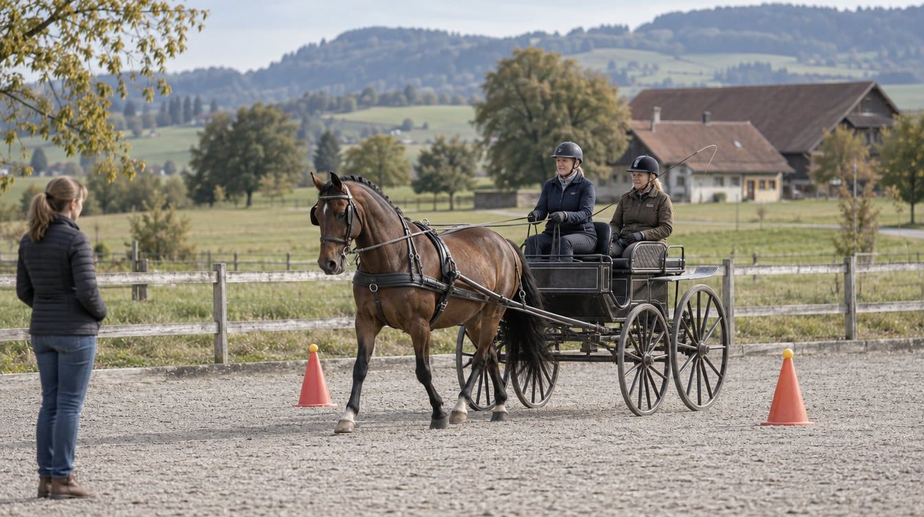 Fahrerin mit einem braunen Einspänner und einer Begleitperson beim Durchfahren zweier Kegel auf einem Fahrplatz