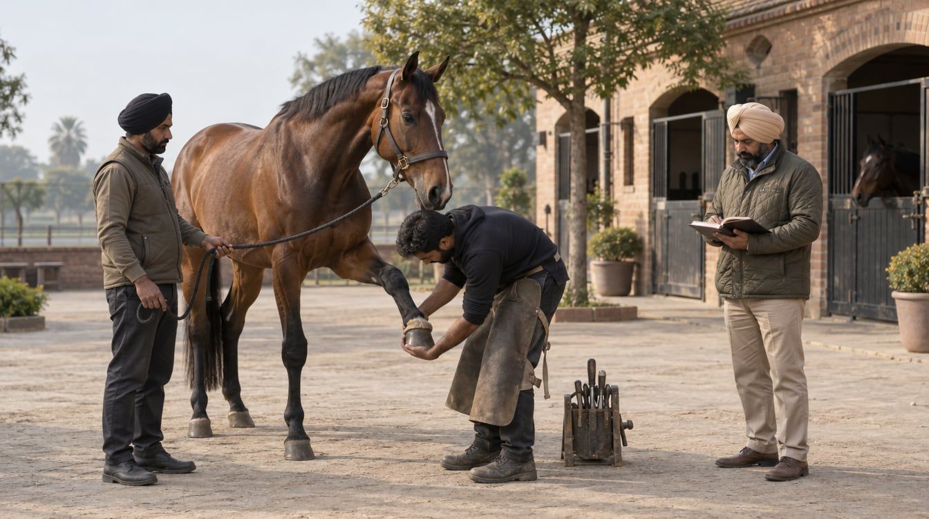 A farrier examining a bay horse’s raised forefoot beside a handler and an owner holding a notebook