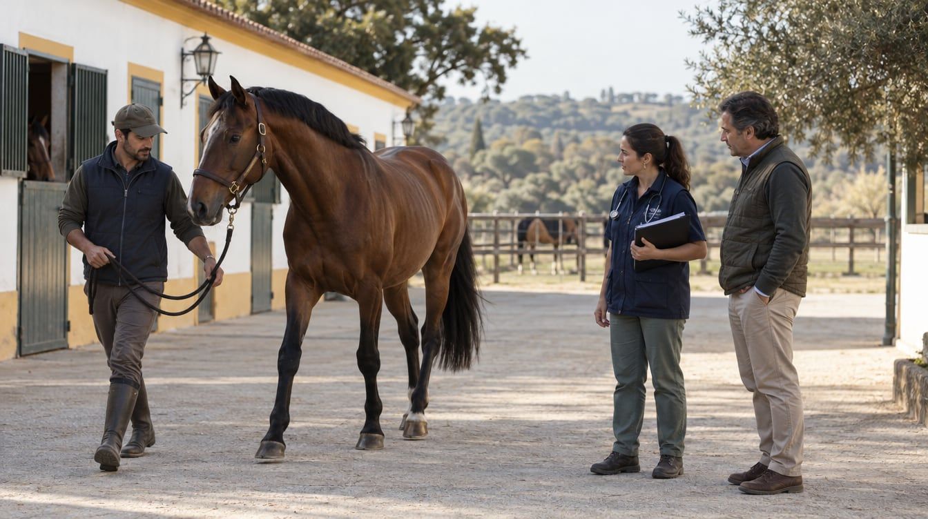 Médica veterinária e responsável por uma coudelaria observam um cavalo junto às boxes