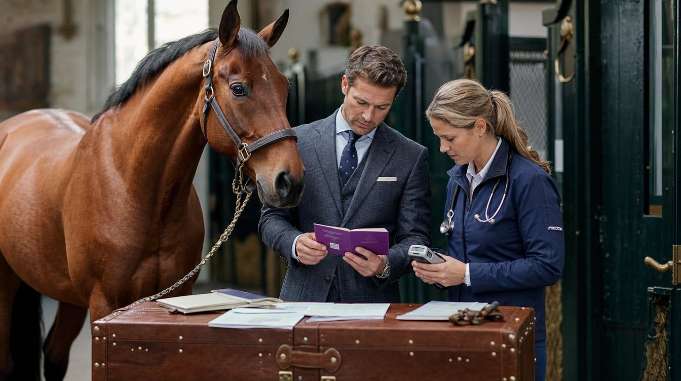 Acheteur international consultant le passeport FEI et les documents vétérinaires d'un cheval de sport aux écuries