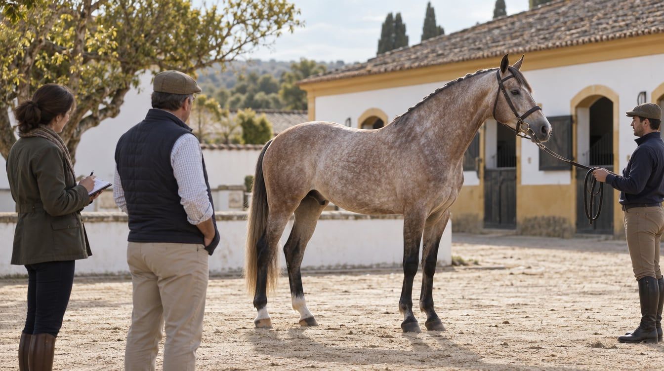 Compradora e criador observam um cavalo Lusitano à mão num pátio da Golegã