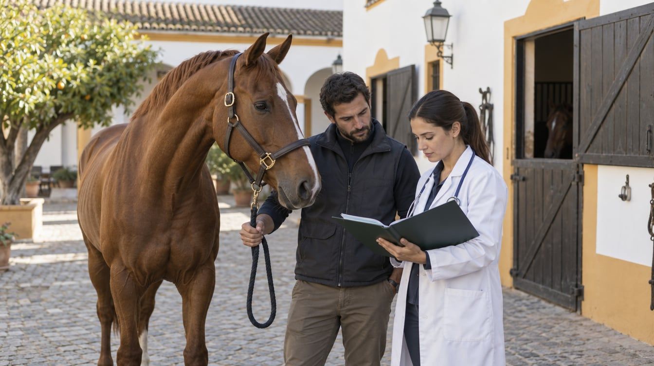 Una veterinaria y un cuidador consultan una carpeta junto a un caballo castaño en el patio de una cuadra