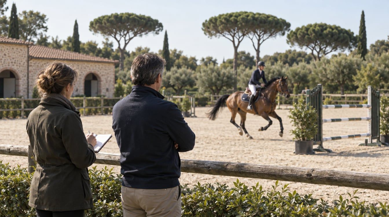 Illustrazione: due persone a bordo campo osservano un cavaliere su un cavallo baio vicino a un ostacolo