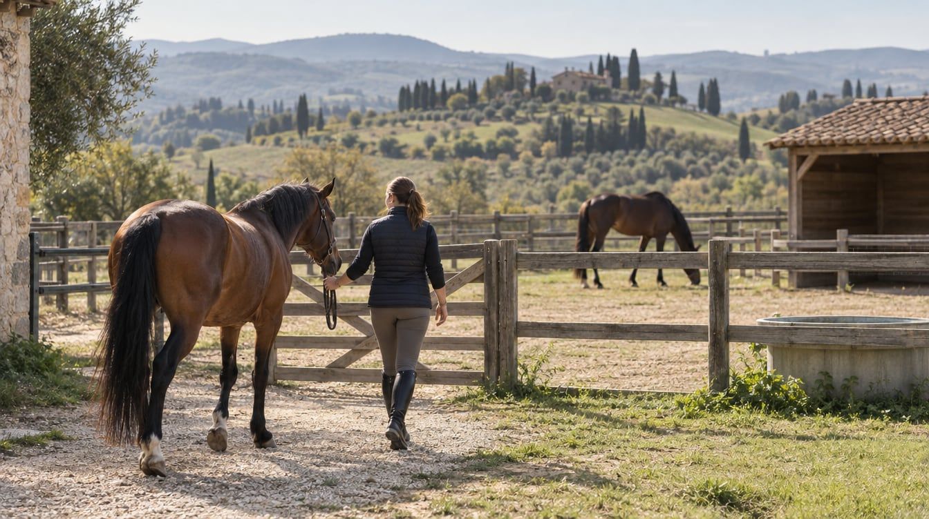 Una persona accompagna a mano un cavallo baio verso un paddock dove un altro cavallo bruca.