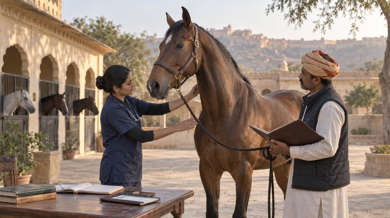 Bay mare with two people, documents and stable horses in a courtyard