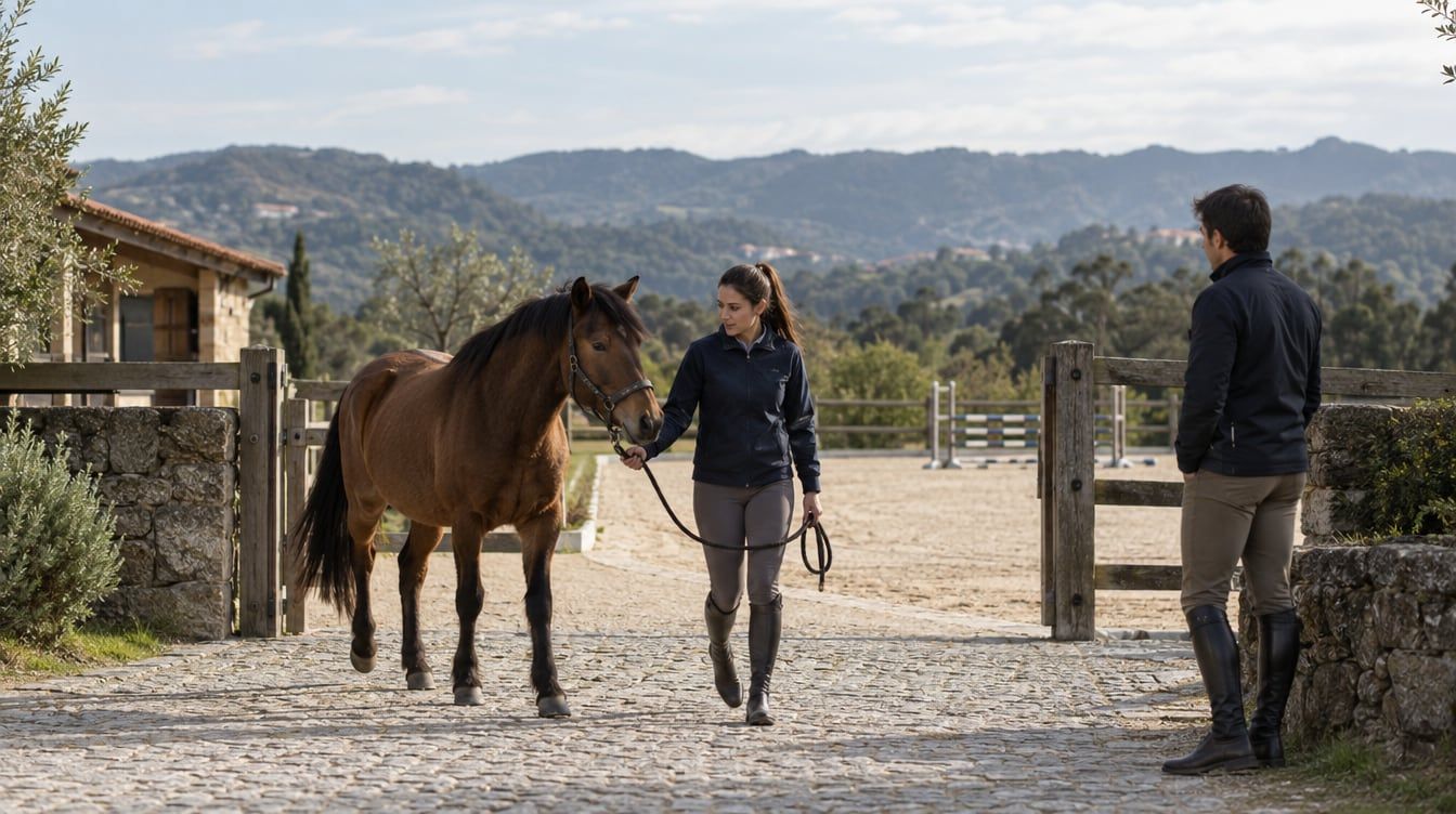 Mulher conduz um cavalo castanho à mão junto à entrada de um picadeiro exterior, enquanto um homem observa.