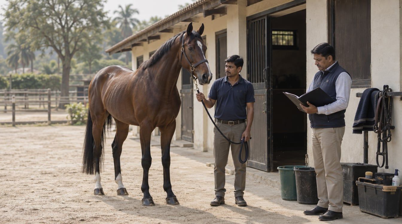 A handler with a bay horse outside a separate stable while a yard manager checks an arrivals folder