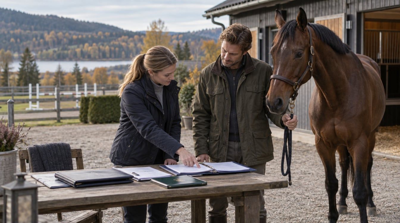 Kjøper og selger går gjennom hestens dokumenter ved en stall, med en brun ridehest ved siden av.