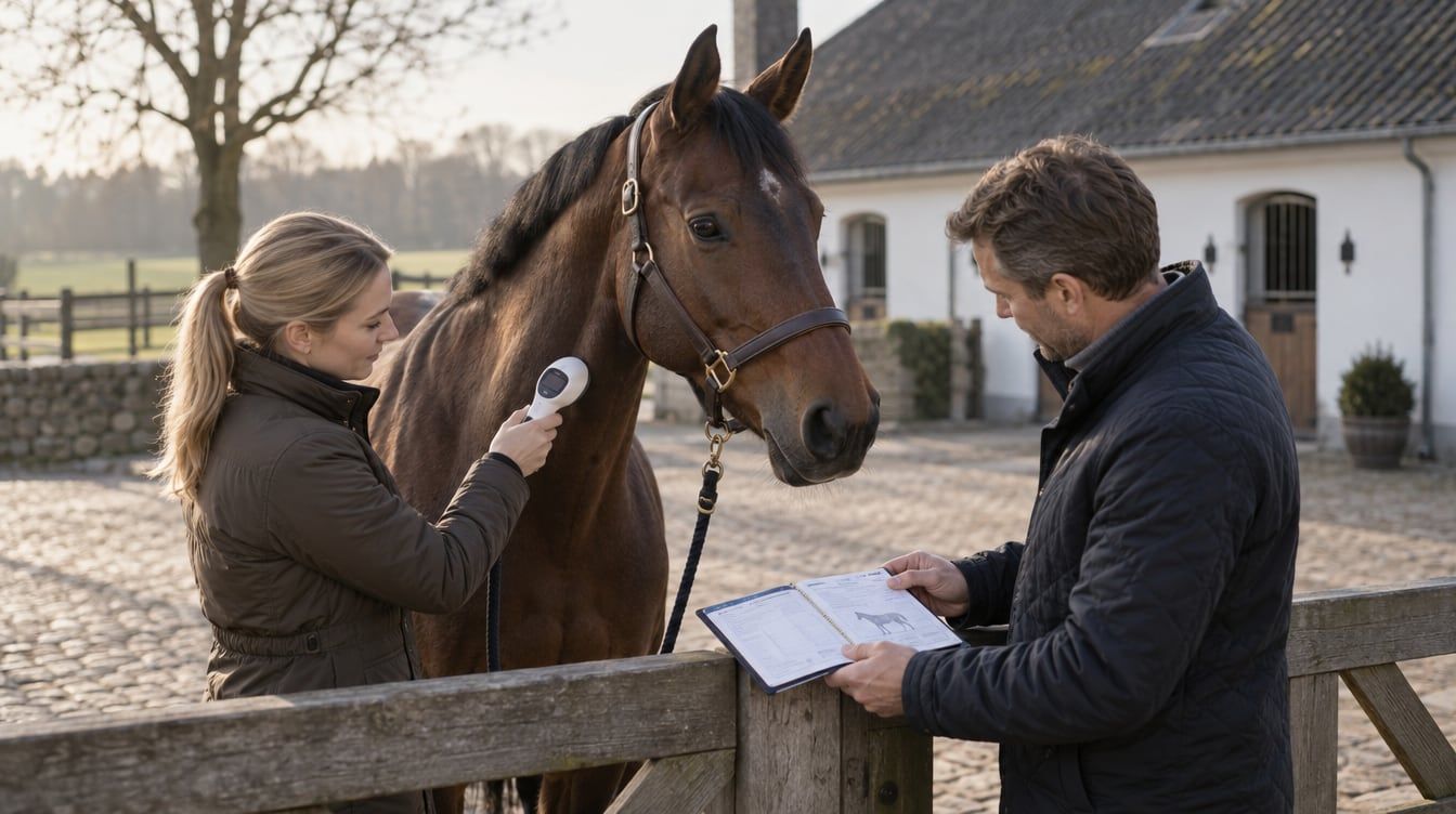 Køber og sælger gennemgår et hestepas ved en opstaldet hest i Danmark