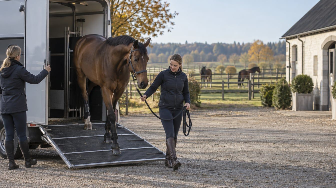 En brun hest læsses roligt i trailer ved en dansk rideejendom