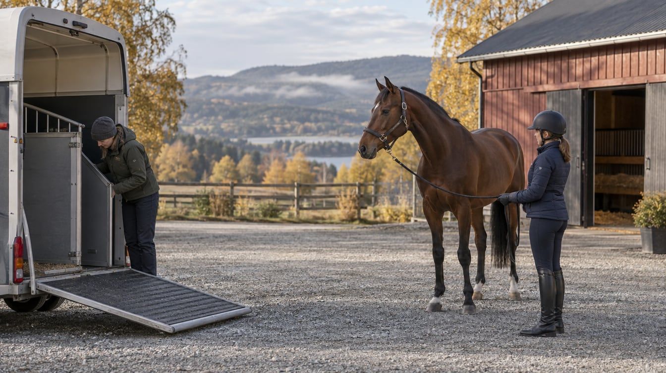 Rytter og hjelper kontrollerer en hestehenger mens en brun hest venter på et gårdstun.