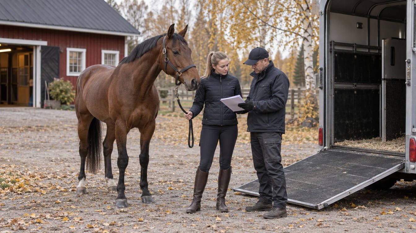 Kaksi ihmistä tarkastelee papereita ruunikon hevosen ja avoimen hevosauton lastaussillan vieressä.