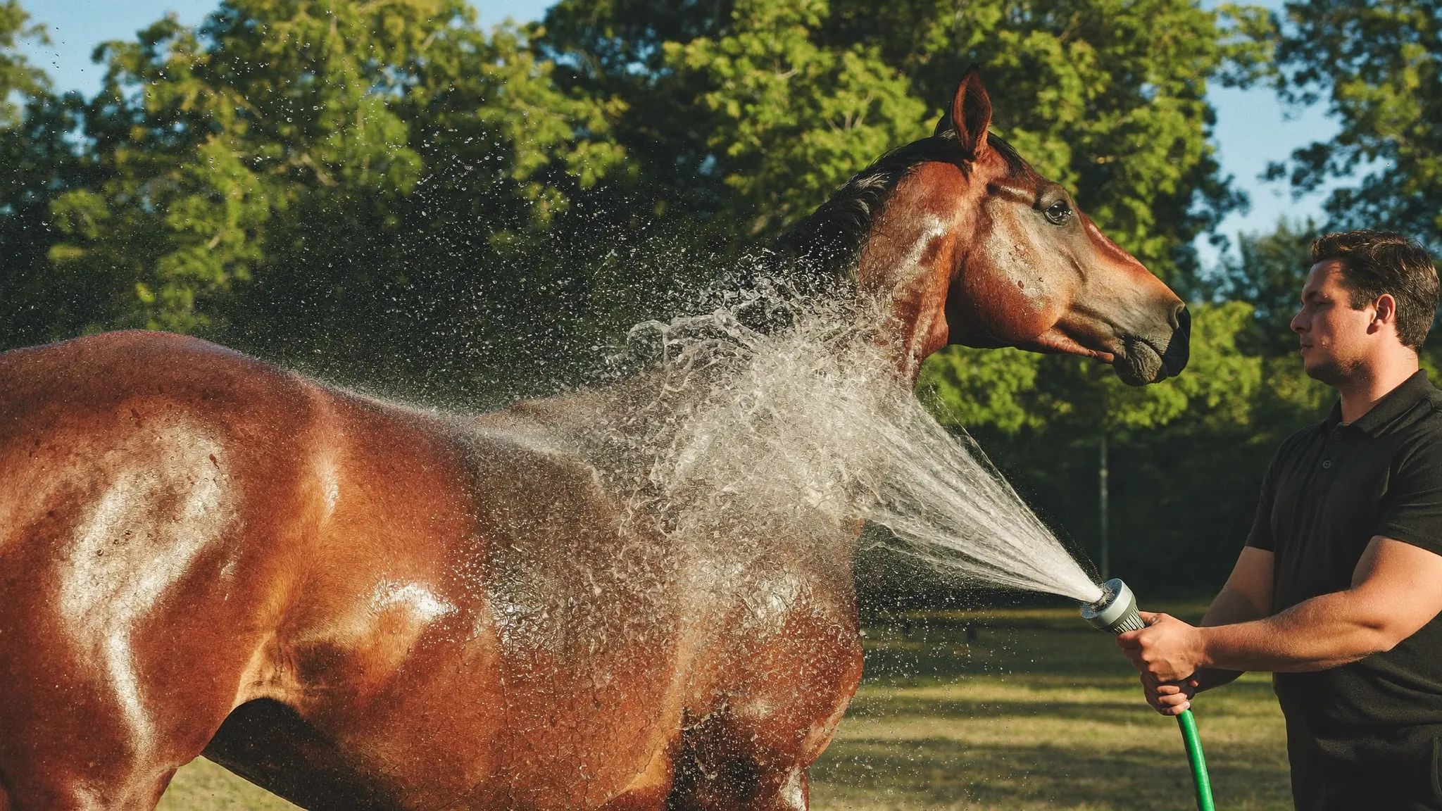 Brown sport horse being cooled down with water by a groom on a hot summer day — illustration for the equestrian heat protocol 2026