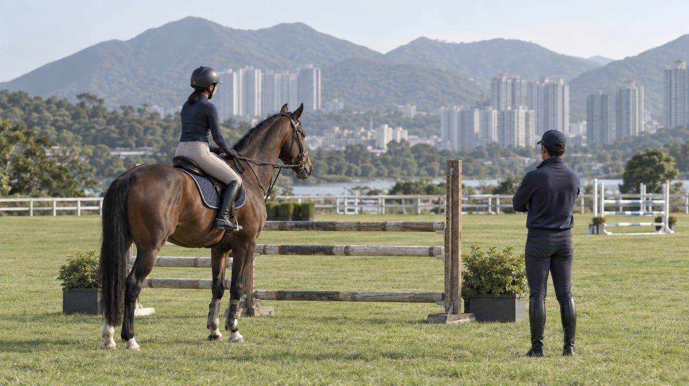三項賽選馬主題示意圖：戴頭盔的騎手騎着棗色馬停在草地木欄旁，另一人站在一側觀察