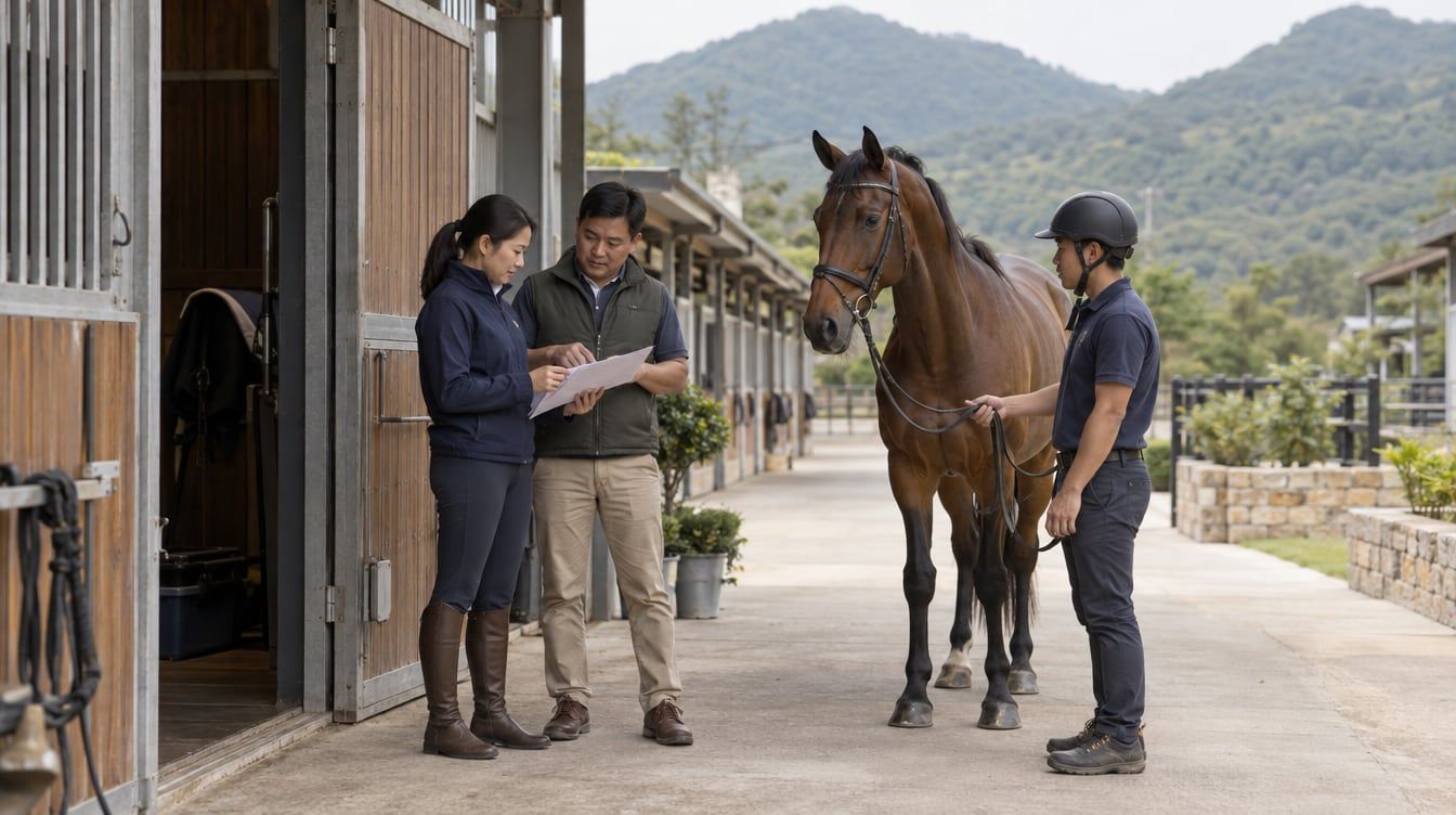 馬房外，買家與馬房人員核對文件，一名馬伕牽着棕色運動馬等候