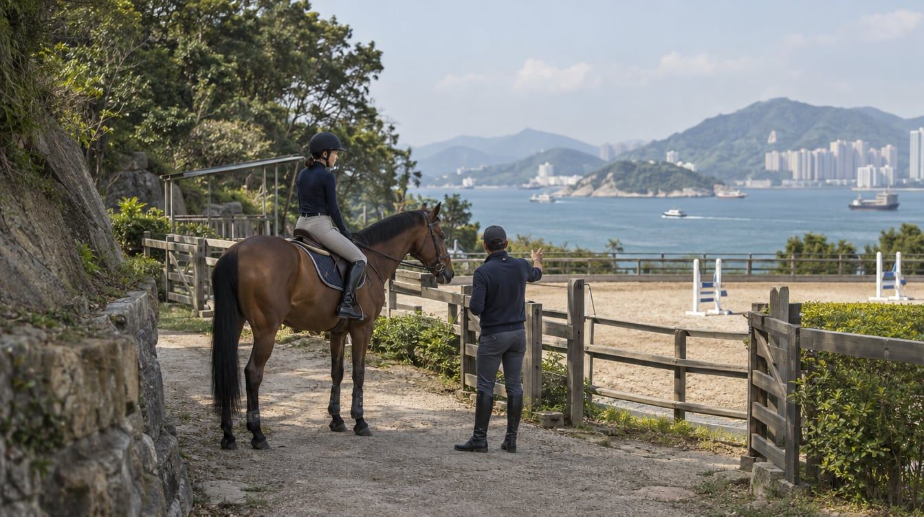 馬徑策騎示意圖：戴頭盔的騎手騎着棕馬，旁邊一人抬手示意，後方可見圍欄、沙地練習場與海面