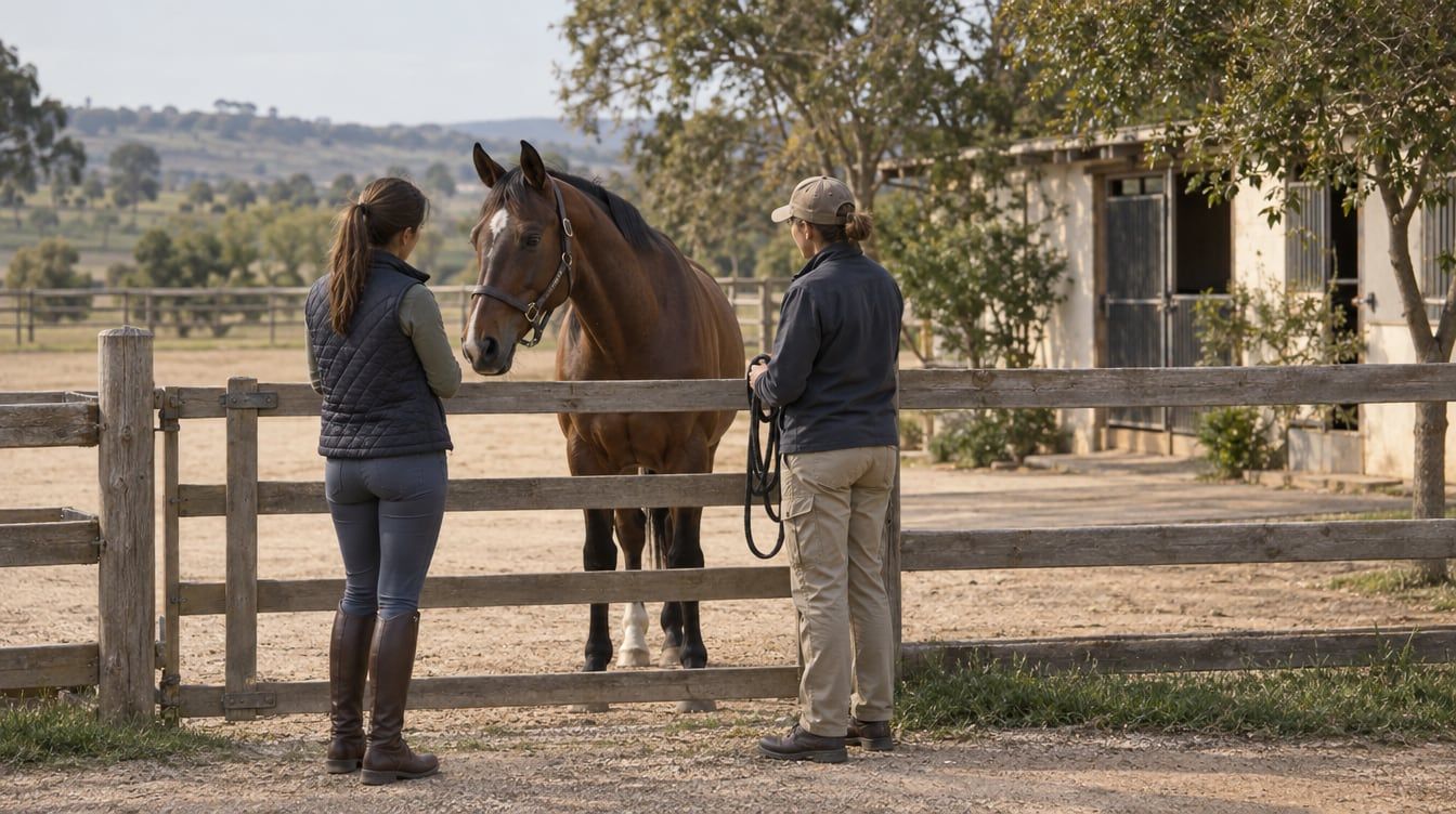 Two people standing with a bay horse beside a paddock gate