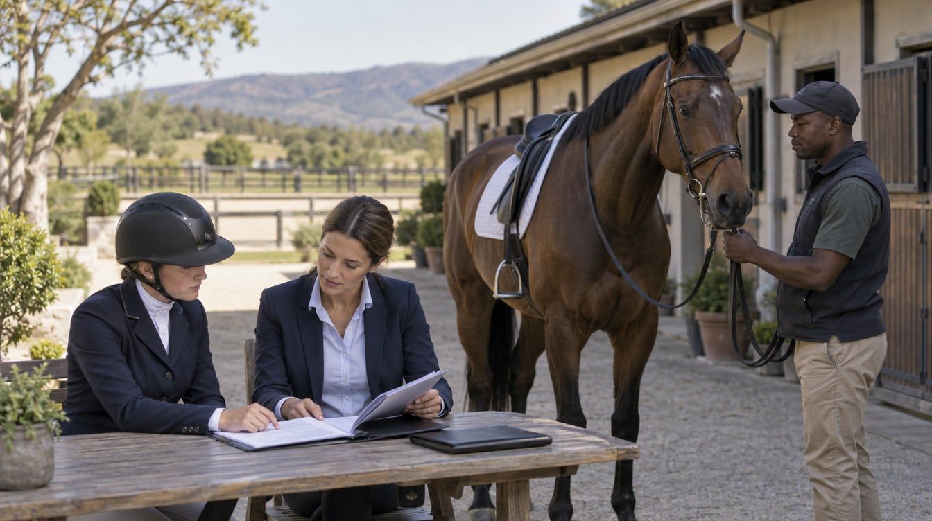 A rider and adviser review paperwork beside a bay horse at a stable yard.
