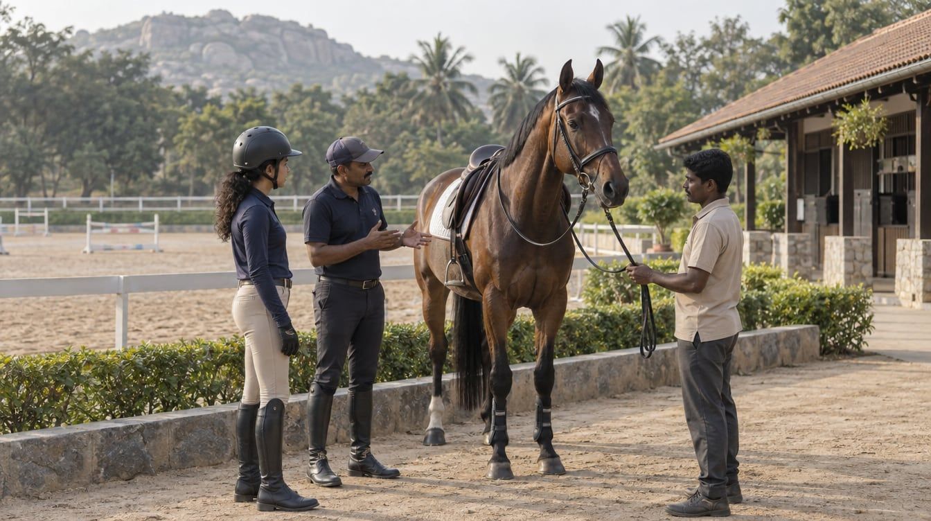 A rider and instructor discussing a bay horse beside a riding arena near Bengaluru