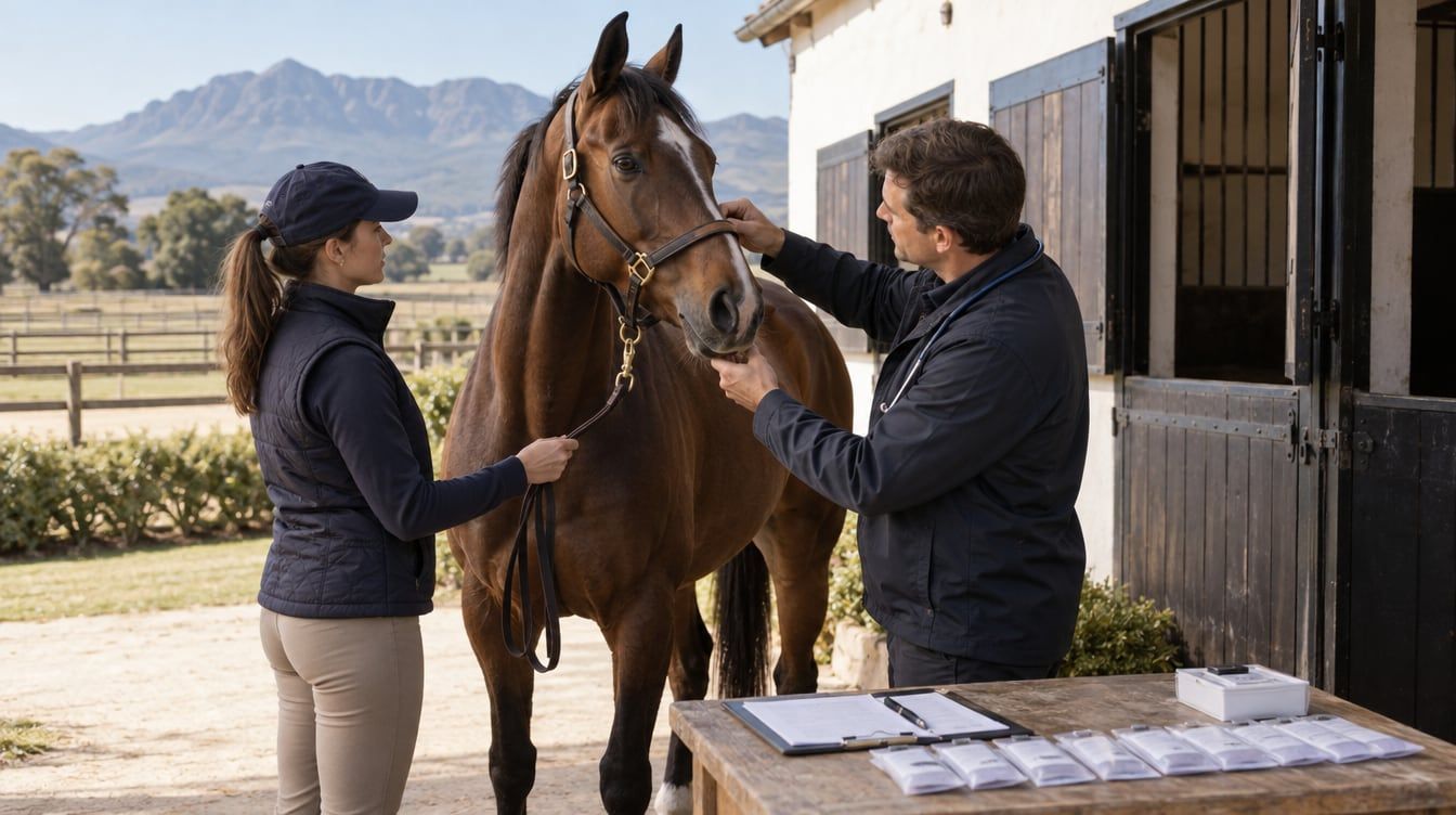 Two people with a bay horse outside a stable, beside a table holding a clipboard and sample envelopes
